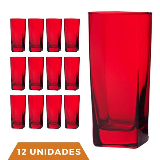 Imagem de Copo Vidro 320ml Quadrado BALI Kit com 12 Vermelho Luxo