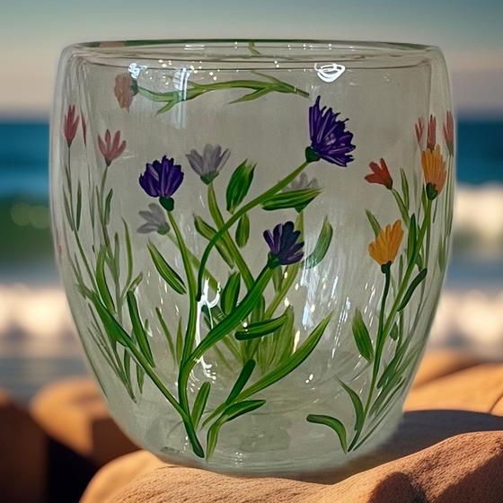 Imagem de Copo vidro Duplo 250 ml pintado a mão Coleção Primavera  - Lembrei de Você