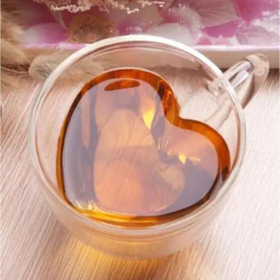 Imagem de Copo Xicara Coração Parede Dupla Café Chá Espresso Kit 2un