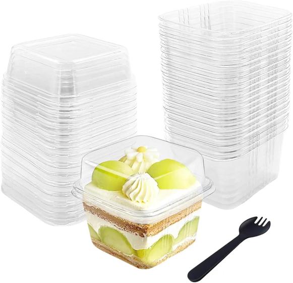Imagem de Copos De Sobremesa Quadrados De Plástico Transparente De 8 Oz Com Tampas Para Iogurte, Mousse,