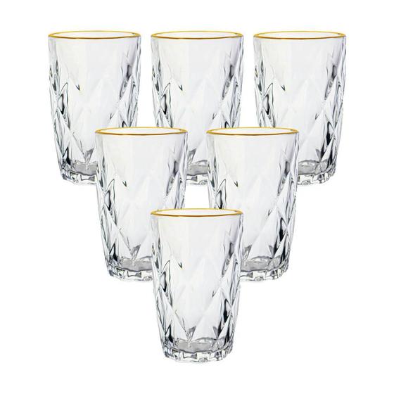 Imagem de Copos de Vidro Conjunto 6 Peças Diamond Transparente Fio de Ouro 350ml  - Lyor