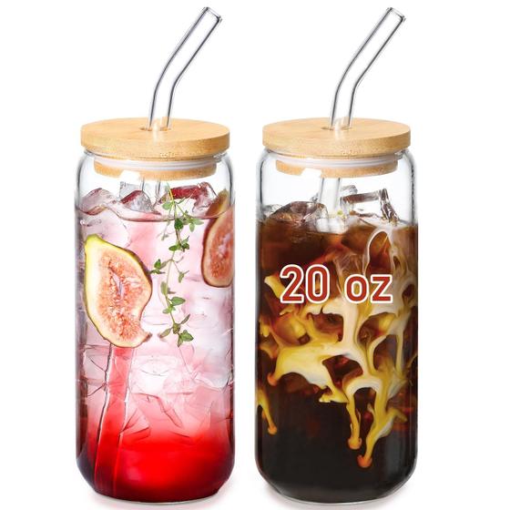 Imagem de Copos de Vidro VITEVER 600ml com Tampa de Bambu e Canudo - Pacote com 2