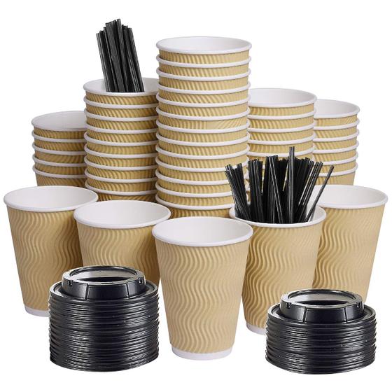 Imagem de Copos Descartáveis Ondulados para Café - 100 Unidades com Tampas e Canudos