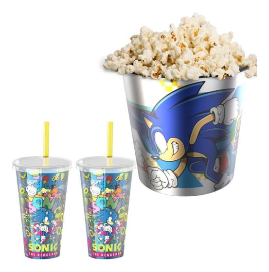 Imagem de Copos E Balde De Pipoca Licenciado Sonic Filme Combo Sonic 3