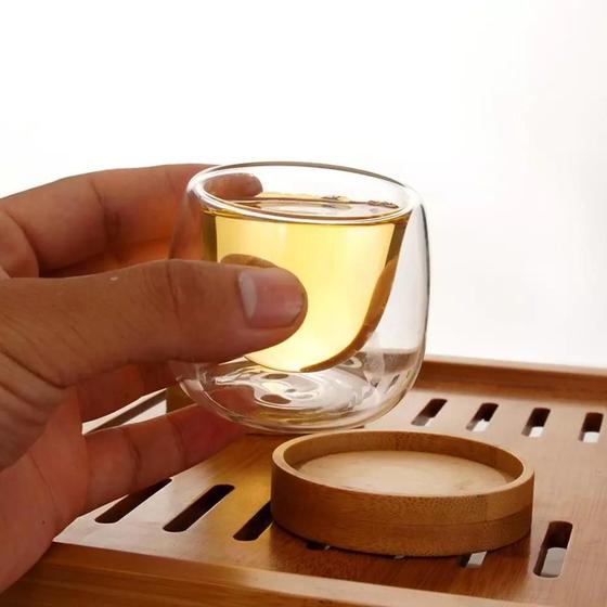Imagem de Copos Parede Dupla Vidro Borossilicato Base De Bambu 80Ml
