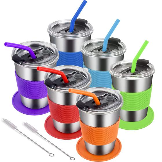 Imagem de Copos Wownnic Kids 360ml de Aço Inoxidável - Pacote com 6 - com Tampa e Canudo