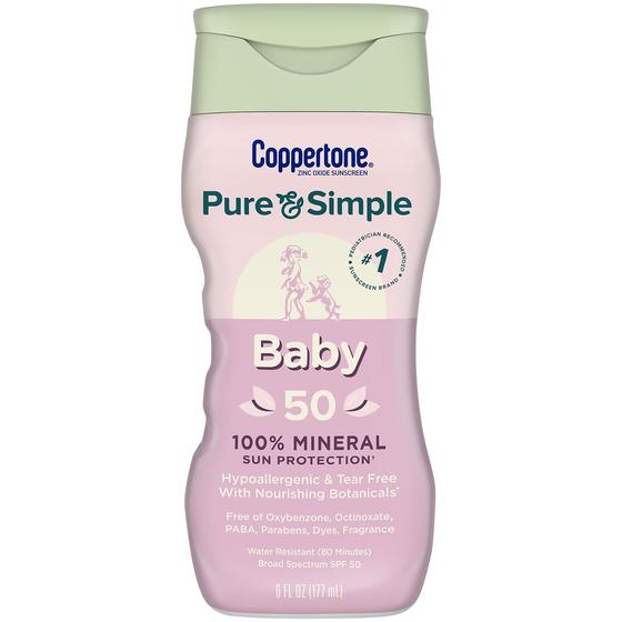 Imagem de Coppertone Pure & Simple Baby Tear Free Mineral-Based Sunscreen Lotion Broad Spectrum SPF 50 (6 Onças fluidas) (Embalagem pode variar)
