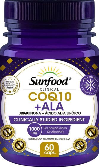 Coq 10 + ala ( ubiquinona + ácido alfa lipóico 1000 mg 60 cápsulas sunfood Menor preço em Coq 10 + ala ( ubiquinona + ácido alfa lipóico 1000 mg 60 cápsulas sunfood