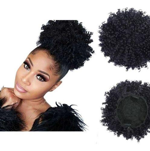 Imagem de Coque Preto Aplique Cabelo Orgânico Cacheado Afro Puff Lindo