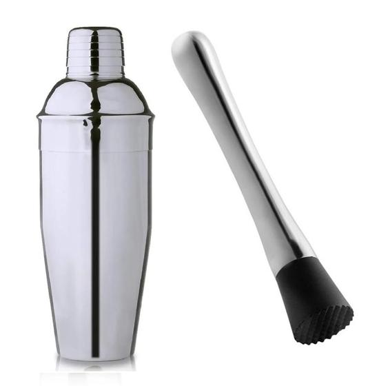 Imagem de Coqueteleira Bar Inox 750ml + Socador Inox Resistente Caipirinha