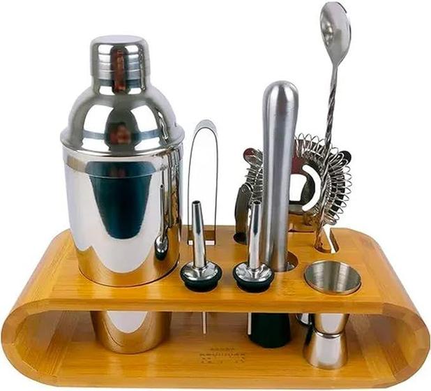 Imagem de Coqueteleira Profissional Com Acessórios em Aço Inox 550ml Base em Madeira