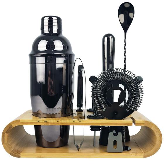 Coqueteleira Profissional Com Acessórios em Aço Inox 750ml Kit Barman Base em Madeira - Black Premium Menor preço em Coqueteleira Profissional Com Acessórios em Aço Inox 750ml Kit Barman Base em Madeira - Black Premium