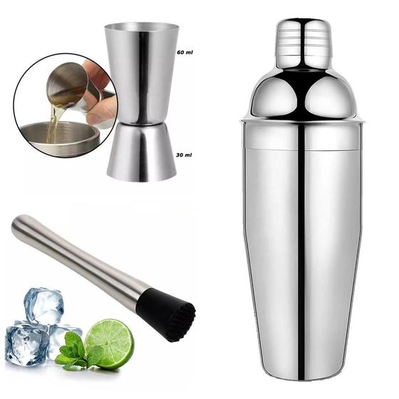 Imagem de Coqueteleira + Socador+ Dosador Inox 500Ml Caipirinha Drinks