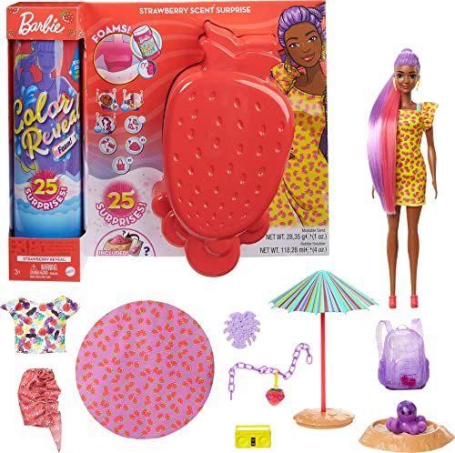 Imagem de Cor da Barbie Revelar espuma! Doll & Pet Friend com 25 surpresas: Bolhas Perfumadas, Roupas, Extensão capilar, Pulseira Infantil & Charme Escondido na Areia Tema de Morango Ensolarado Presente para crianças 3 anos e mais velhos