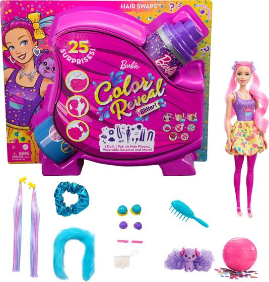 Imagem de Cor da Barbie revelar glitter! Hair Swaps Doll, Glittery Pink com 25 penteados e surpresas temáticas de festa, incluindo 10 peças de cabelo plug-in, presente para crianças de 3 anos de idade e up