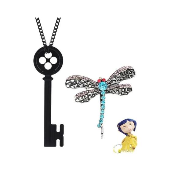 Imagem de Coraline Verde Vendo Pedra Pingente Colar Esqueleto Preto Chave Gargantilha Libélula Hairpin Jóias