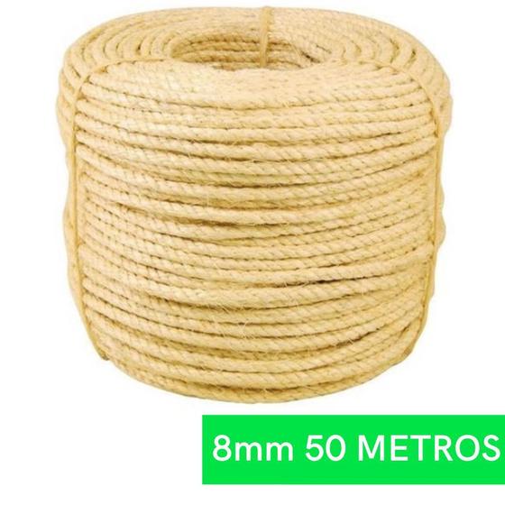 Imagem de Corda De Sisal 8mm Rolo 50 Metros Rasada Arranhador Para Gatos E Artesanato Em Geral