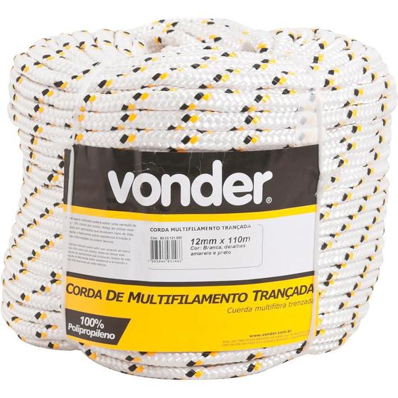 Imagem de Corda multifilamento trançada 8,0mm 3,3kg 110 metros branca/amarelo/preto polipropileno - Vonder