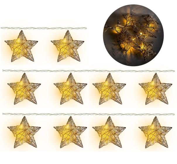 Imagem de Cordão 10 Estrelas Aramado Dourado Luxo Lâmpadas LED 1,3 metros à Pilha - Magizi