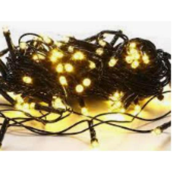 Imagem de Cordão 100 Leds Branco Morno 80 fixo + 20 Strobos Fio Verde Bivolt