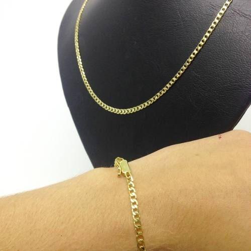 Imagem de Cordão 80cm  3mm+ Pulseira Banhado Ouro Fecho De Gaveta 3mm Grumet  curta - Excelente Acabamento
