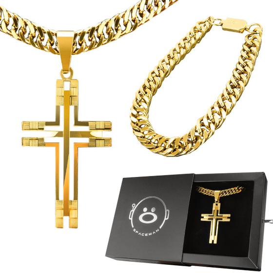 Imagem de Cordão aço banhado ouro + pingente crucifixo grande + corrente banhada ouro aço + caixa casual