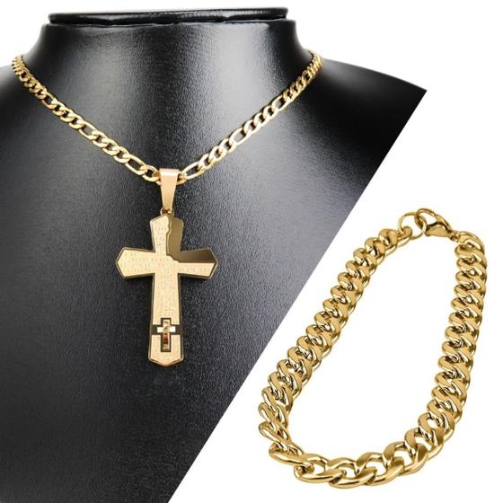 Imagem de Cordão aço banhado ouro + pulseira + pingente crucifixo pai nosso original moda masculina casual