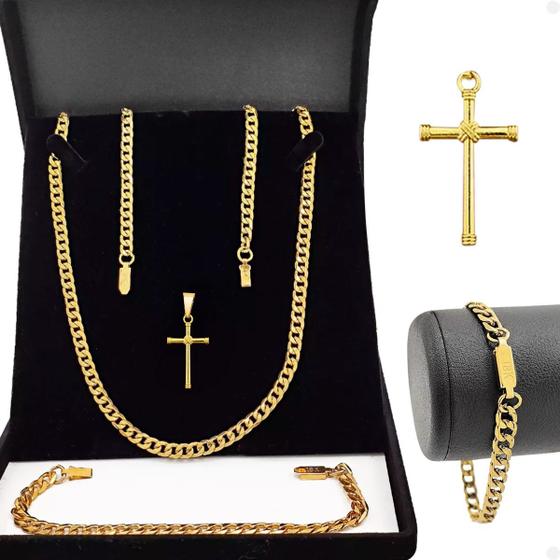 Imagem de Cordão banhado aço inox + pulseira grumet moda masculina estiloso social casual presente religioso original