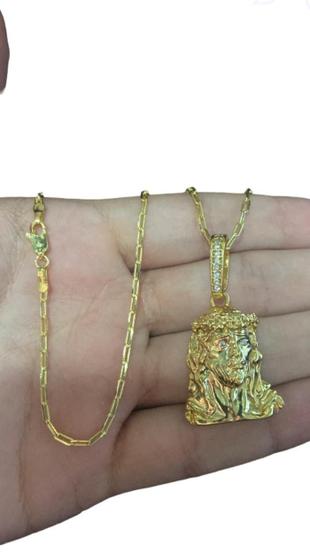 Imagem de Cordão Cad Alongado 1Mm + Pingente Jesus - Banhado A Ouro