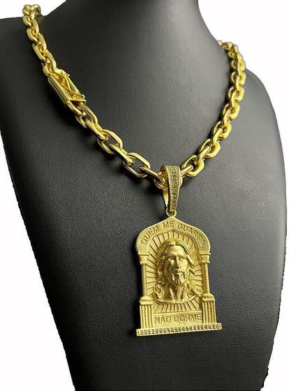 Imagem de Cordão cadeado 12mm banhado a ouro 18k + pingente jesus