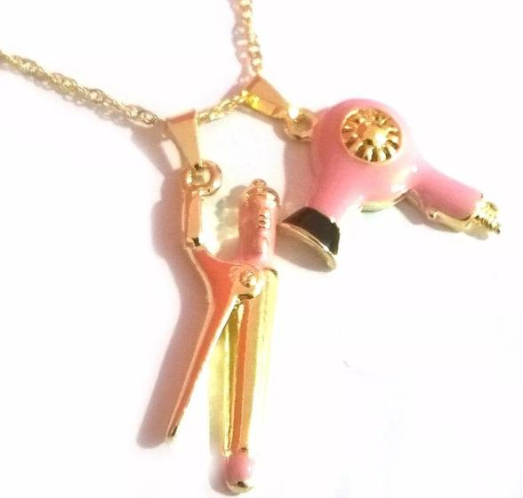 Imagem de Cordão Colar Cabeleireira Chapinha Secador Rosa Folheado 18k