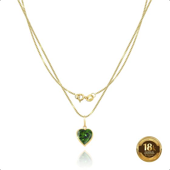 Imagem de Cordão Colar Feminino Veneziana Ouro 18k 45cm Ponto de Luz Coração Zircônia Verde Esmeralda