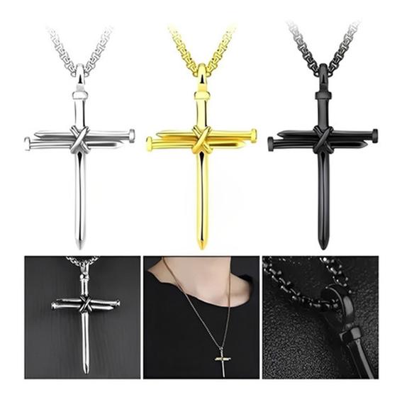 Imagem de Cordão Colar Masculino Crucifixo Cruz Preto Prata Dourado