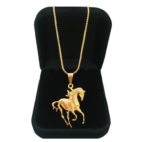 Imagem de Cordão Corrente 60 cm Masculino Pingente Cavalo Elegante Cowboy Folheado a Ouro 18 k