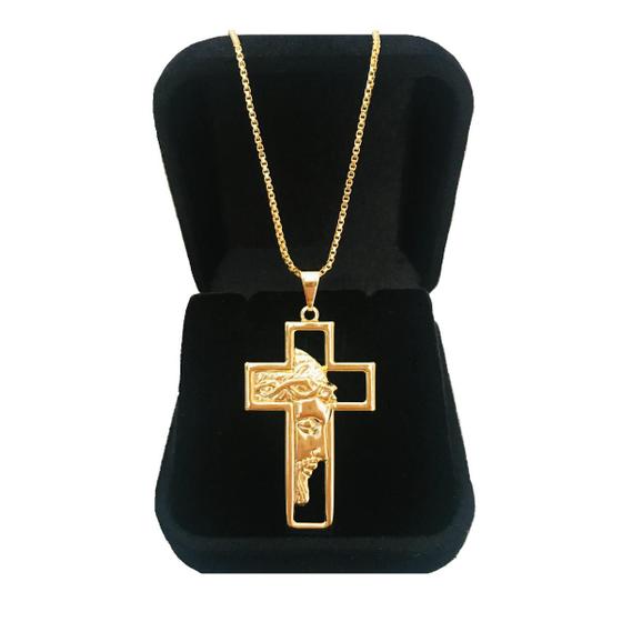 Imagem de Cordão Corrente 60 cm Masculino Pingente Cruz Jesus Oração Folheado a Ouro 18 k