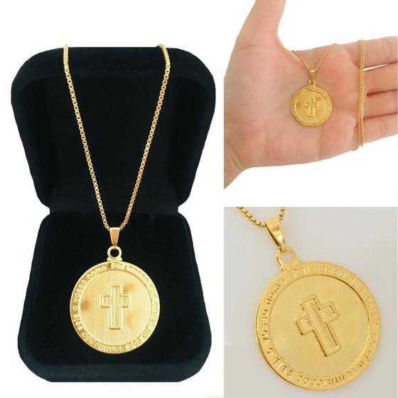Imagem de Cordão Corrente 60 cm Pingente Medalha Cruz Pai Nosso Semijoia Folheada a Ouro 18k