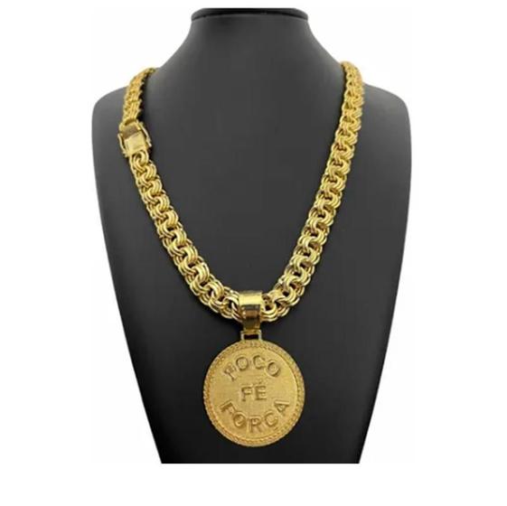 Imagem de Cordão Corrente Banhado Ouro 12Mm Com Pingente Fé Força Foco