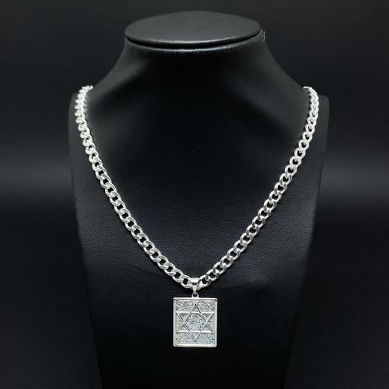 Imagem de Cordão Corrente de Prata 925 Masculino Grumet 7mm Escama de Peixe 70cm + Pingente Placa Estrela de Davi Conjunto Original