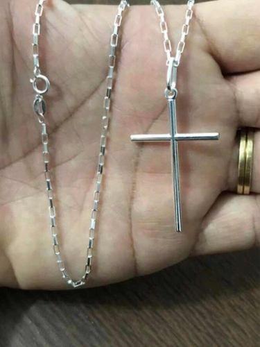 Imagem de Cordão Corrente Prata Legítima 925 Bloco 60 Cm Cruz Palito