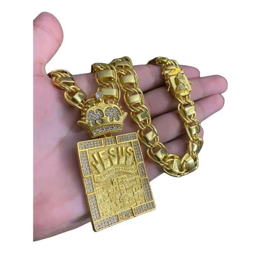 Imagem de Cordão Dubai 15Mm + Pingente Jesus - Banhado A Ouro 18K
