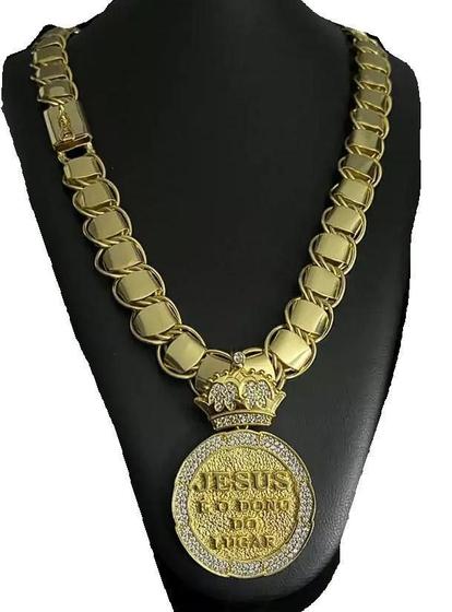 Imagem de Cordão Dubai Supremo 18Mm +Pingente Jesus Banhado A Ouro 18K