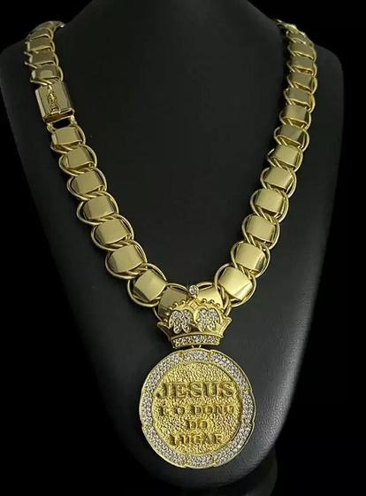 Imagem de Cordão Dubai Supremo 18mm + Pingente Jesus Banhado A Ouro 18k