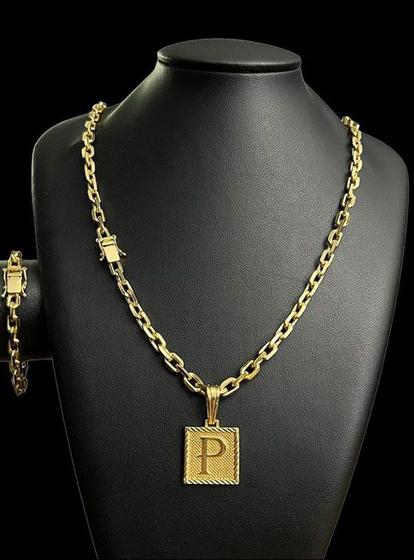 Imagem de Cordão e Pulseira Cadeado 6mm Pingente Letra Banhado a ouro