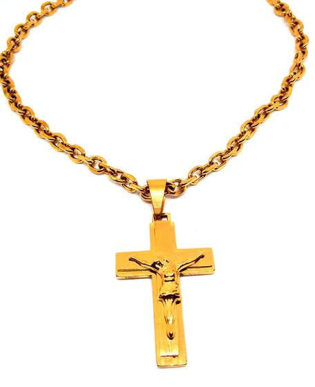 Imagem de Cordão Elo Media 70Cm Banhado Ouro 18K Com Pingente Cristo
