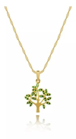Imagem de Cordão Feminino Ouro 18k 50cm Pingente Árvore Da Vida Verde Emeralda