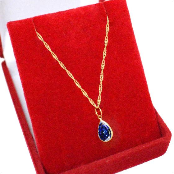 Imagem de Cordão Feminino Singapura Ouro 18k 45cm Gota Zircônia Azul Safira
