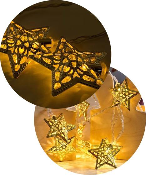 Imagem de Cordão Luminoso 10 Estrelas LEDs Enfeite Dourado 2,30 Metros
