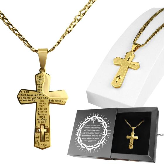 Imagem de cordao masculino dourado + pingente pai nosso + caixa hip hop grumet religioso cruz qualidade premium casual estiloso católico presente fé