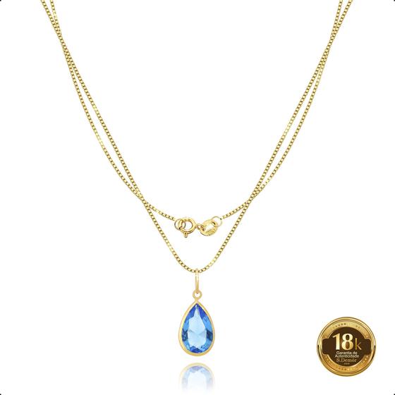 Imagem de Cordão Ouro 18k 750 Feminino 40cm + Ponto de Luz Gota 9mm Água Marinha