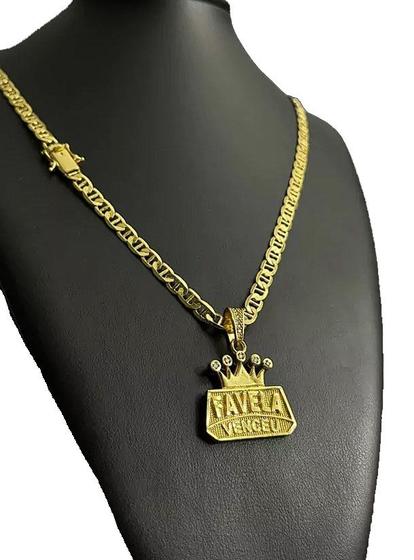 Imagem de Cordão piastrine 5mm + pingente favela venceu banhado ouro 18k
